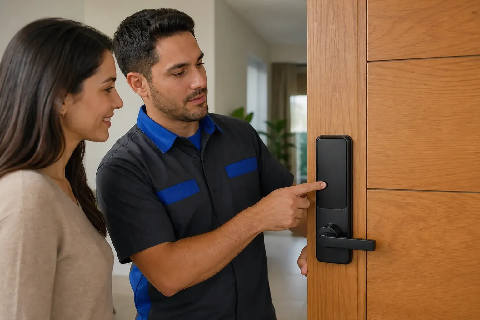 Chaveiro instalando uma fechadura digital em uma porta residencial.