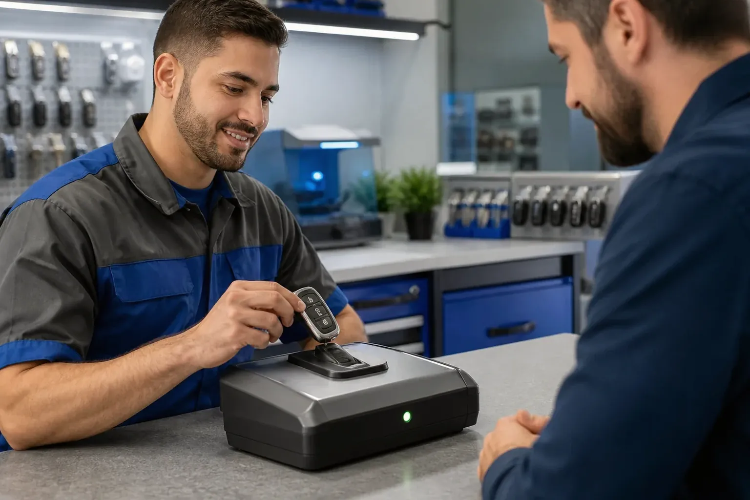 Chaveiro programando uma chave eletrônica com equipamento especializado.