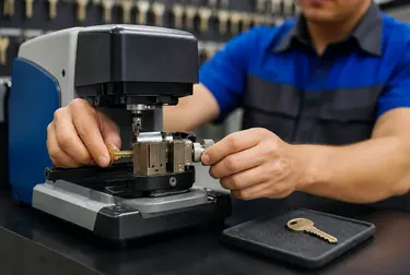 Chaveiro utilizando uma máquina de corte para fazer cópias de chaves.