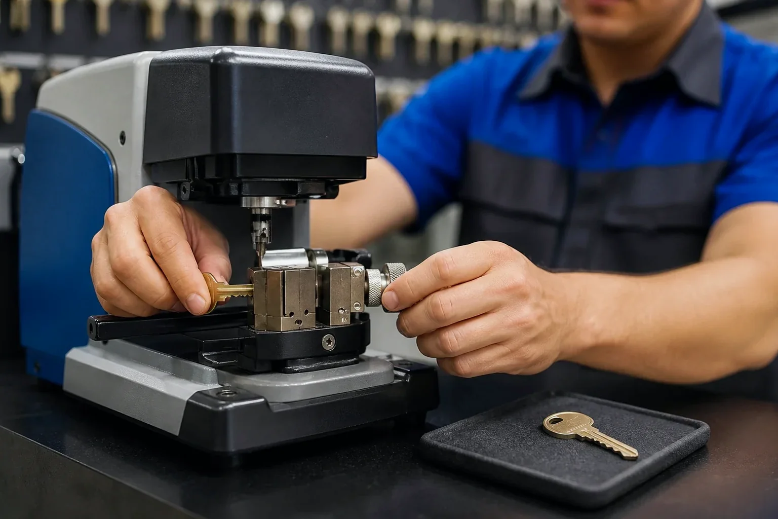 Chaveiro utilizando uma máquina de corte para fazer cópias de chaves.